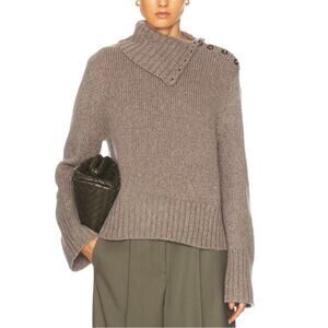 Jenni Kayne 100% Cashmere Chunky Button Mock Neck Jackie Sweater Taupe Small NEW